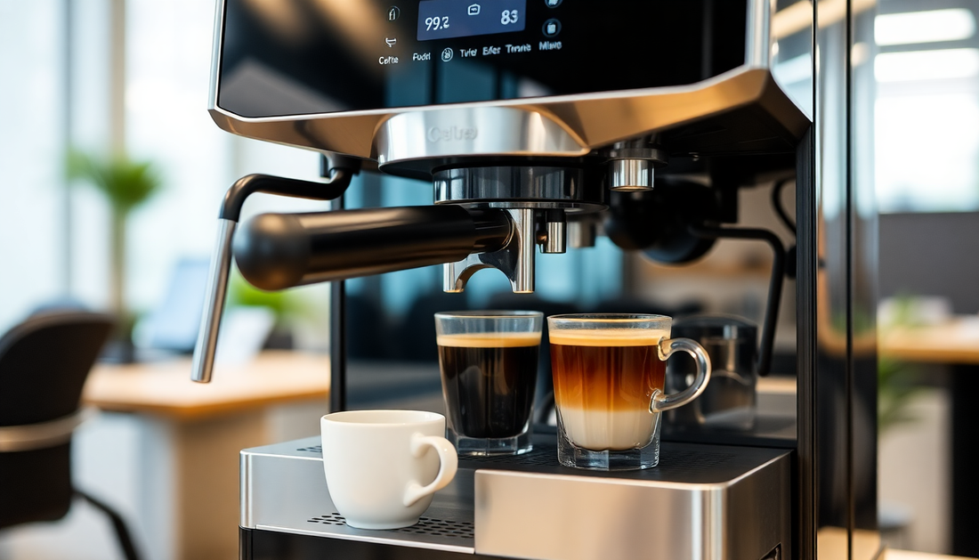 A modern coffee machine brewing fresh coffee in office