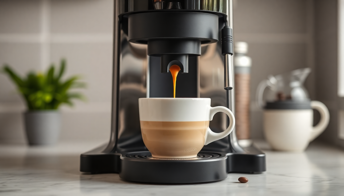 A sleek bean to cup coffee machine brewing fresh coffee