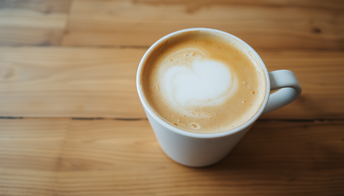 A cup of cappuccino with frothy milk on a wooden table