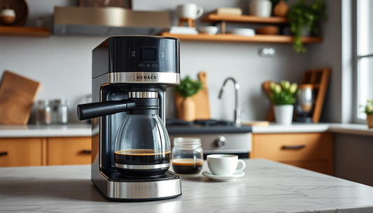 Modern coffee maker India brewing fresh coffee on a kitchen countertop with cup and jar nearby