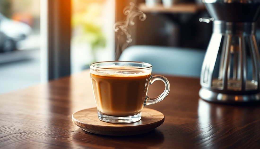 A steaming cup of premium coffee premix on wooden table