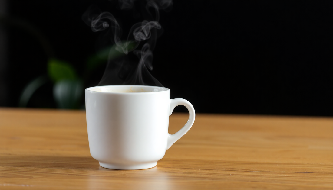 A steaming cup of instant coffee on a wooden table