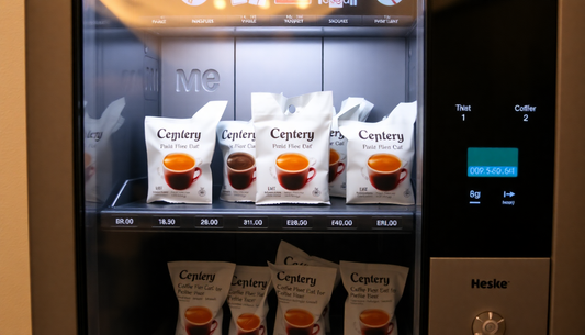 Packets of coffee premix for vending machine displayed inside a vending machine for easy purchase