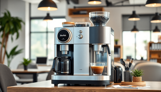 Modern coffee machine on wooden table in bright office setting for coffee machine rental in Ghaziabad
