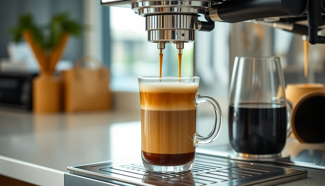 Modern office coffee machine brewing fresh coffee