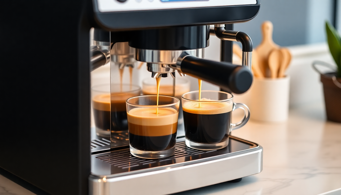 Close up of espresso being brewed into two glass cups by a coffee machine showing Alaska coffee machine price quality