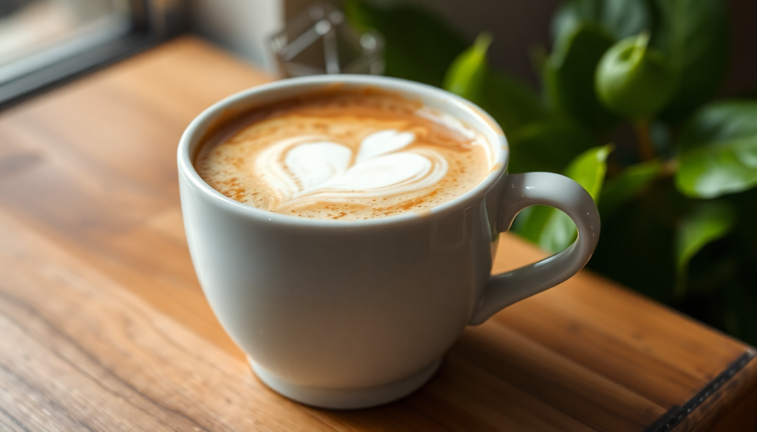 A steaming cup of cappuccino with frothy milk art