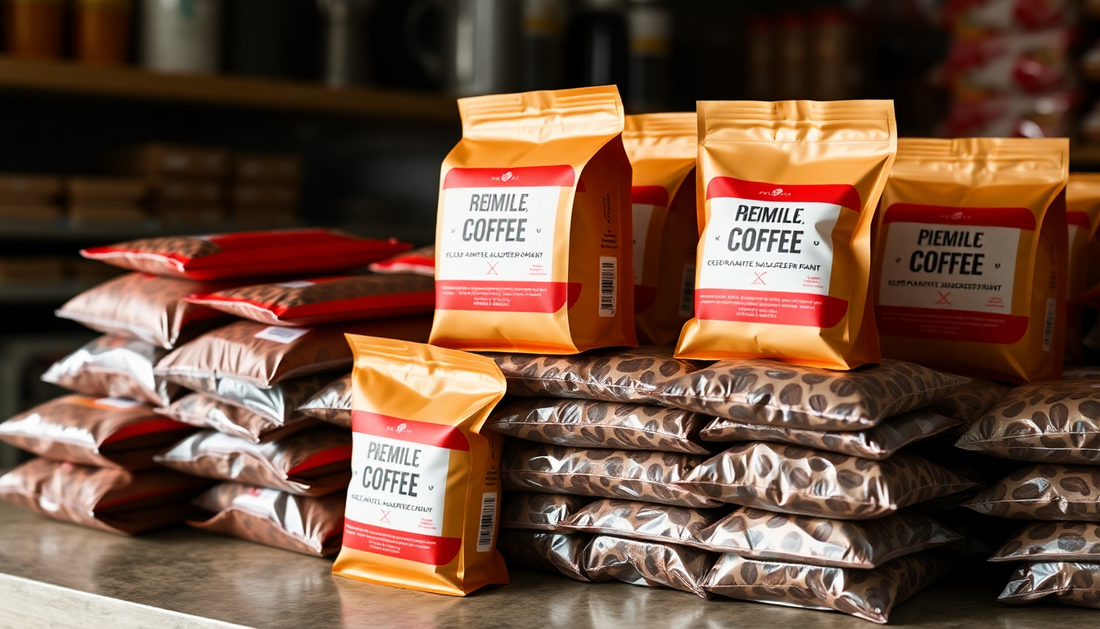 Packages of premium coffee beans stacked on a counter for coffee vending machine India