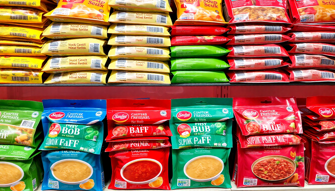 A variety of colorful soup premix packets stacked on shelves
