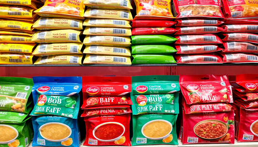 A variety of colorful soup premix packets stacked on shelves