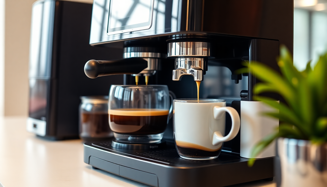 A modern coffee machine brewing fresh coffee in an office