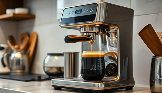 Modern espresso coffee machine brewing a fresh cup on a kitchen counter for Amazon Coffee Machine Delhi NCR