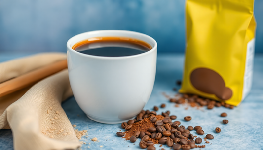 A cup of coffee with coffee premix powder beside it