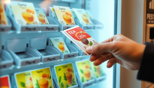 A vending machine dispensing tea premix packets