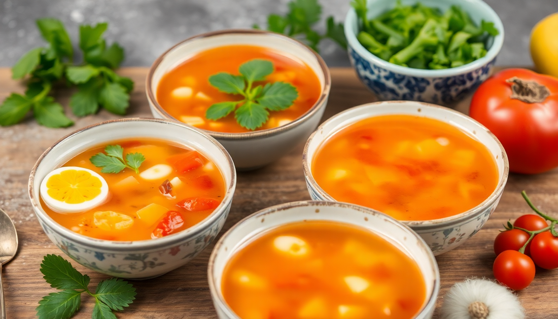 Bowls of instant soup premix with fresh ingredients