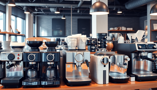 Modern coffee machines displayed at a coffee machine dealer in Noida showroom with espresso makers and grinders