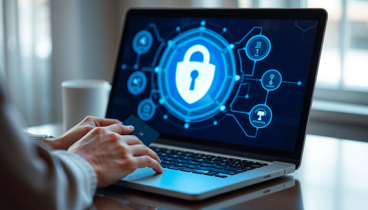 Person using laptop with digital security icons on screen for buying cheap coffee machine India online