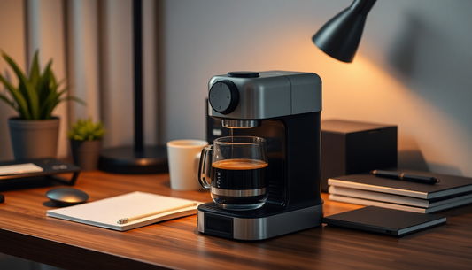 Modern coffee machine on wooden desk with coffee cup and notebooks coffee machine online India