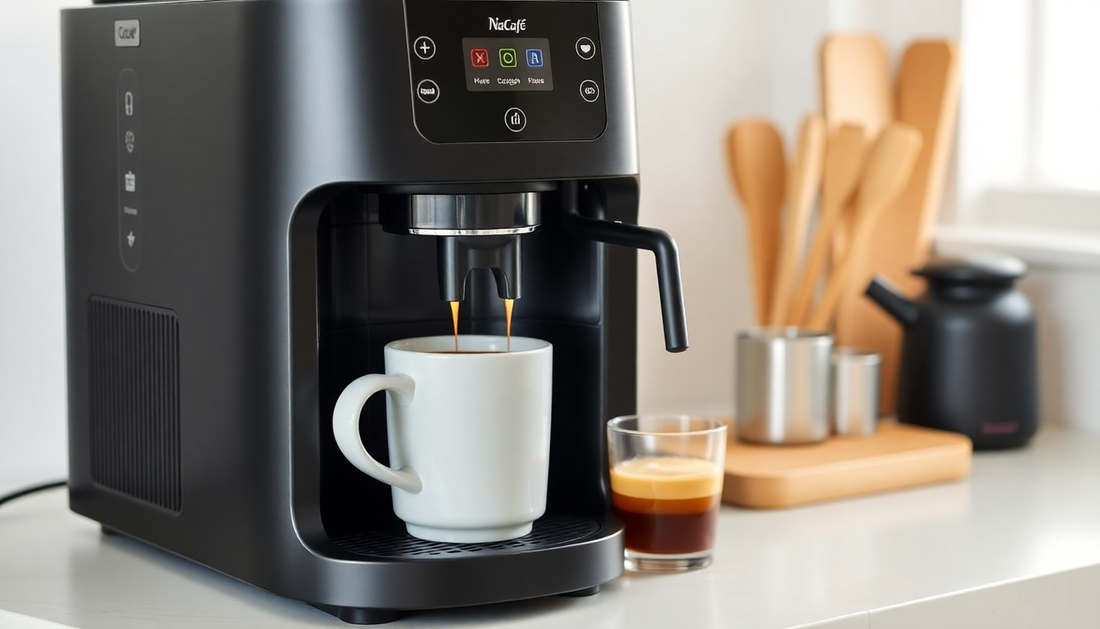 Modern black coffee machine preparing coffee with coffee machine rental services on white kitchen counter