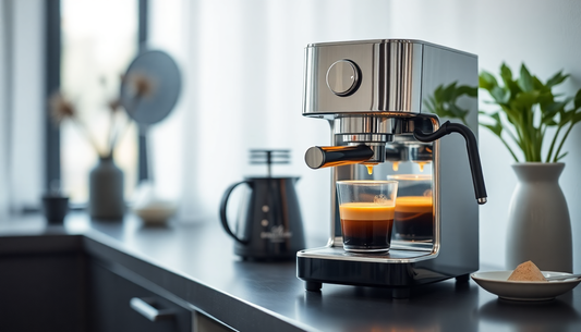 Modern stainless steel coffee machine India brewing fresh espresso with crema in a clear glass cup