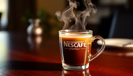 A steaming cup of Nescafe premix coffee on a table