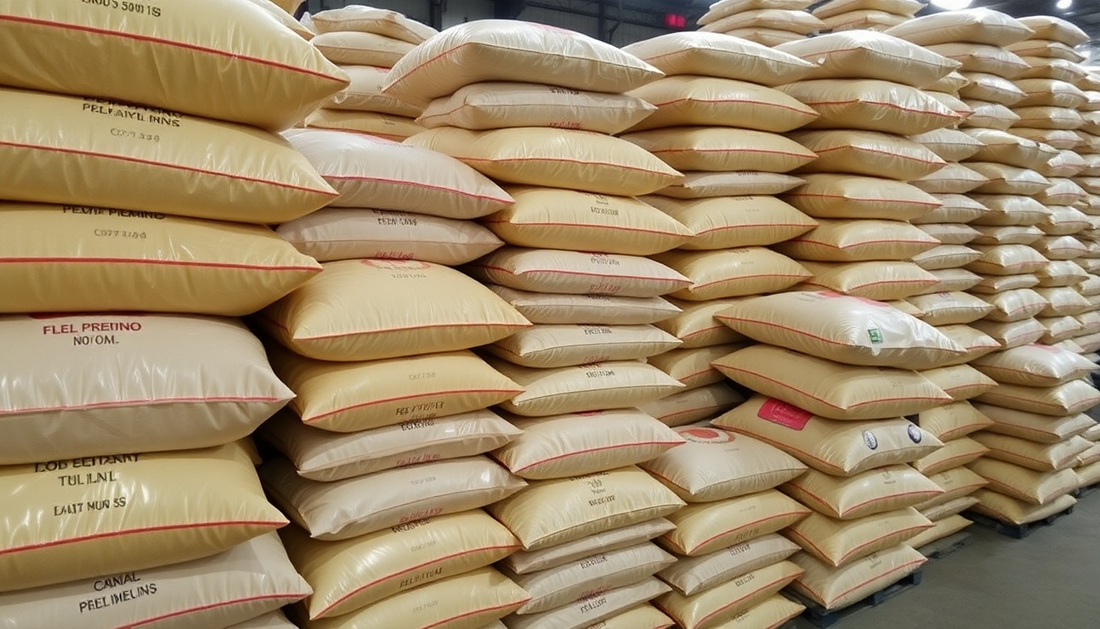 Large stacks of packaged coffee premix bags in warehouse by Coffee Premix Supplier Ghaziabad