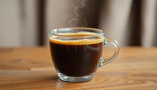 A steaming cup of instant coffee premix on wooden table