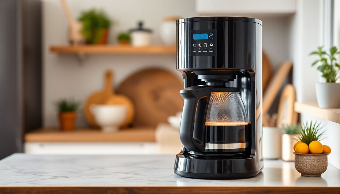 Modern black coffee machine brewing fresh coffee on kitchen counter best tea coffee machine in Noida