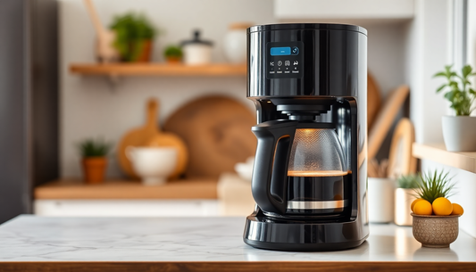 Modern black coffee machine brewing fresh coffee on kitchen counter best tea coffee machine in Noida