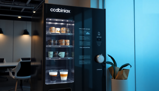 Modern Atlantis Coffee Vending Machine Delhi with cups and coffee displayed inside in office setting