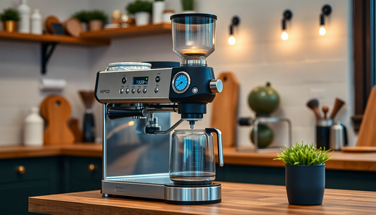 Modern coffee machine on wooden counter in kitchen showcasing Coffee Machine Combo Offer Noida