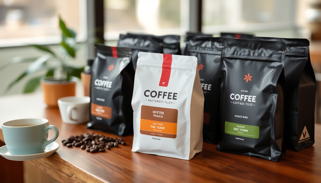 Selection of coffee premix bags displayed on a wooden table with coffee cups and beans featuring the best coffee premix