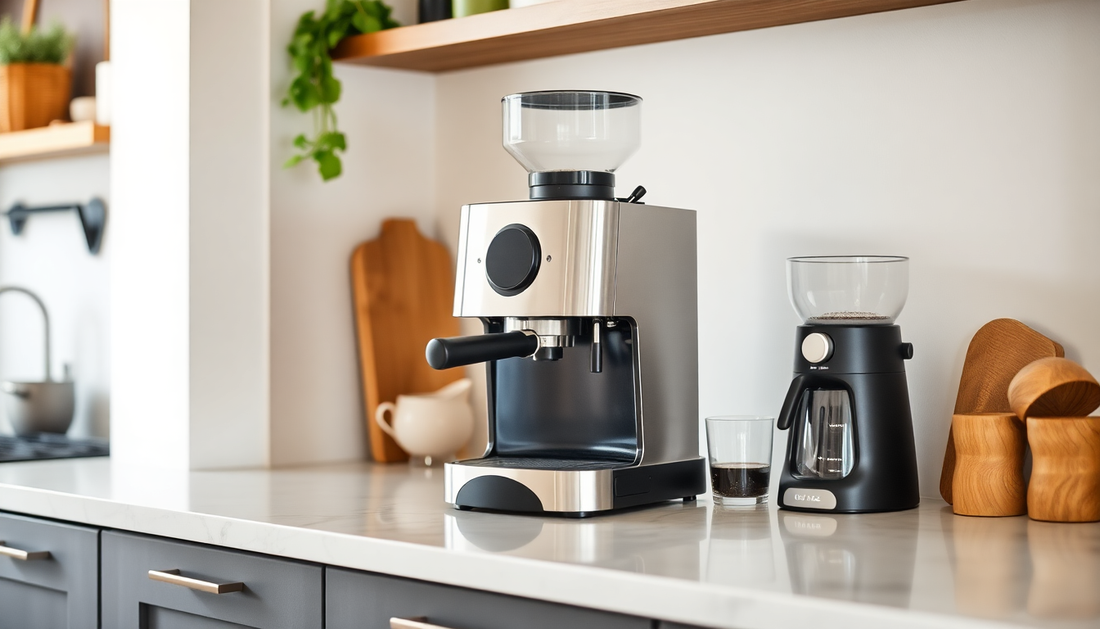 Modern espresso machine and coffee grinder on kitchen counter showcasing coffee premix Noida setup