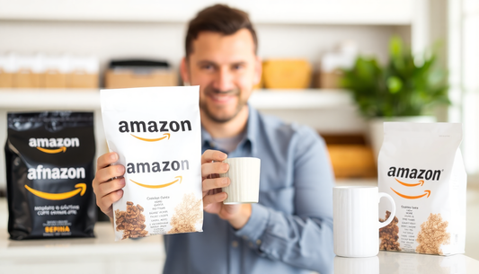 Man holding Amazon Coffee Premix packets and a cup representing Amazon Coffee Premix Dealer Delhi