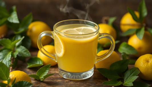 A steaming cup of lemon tea with fresh lemons