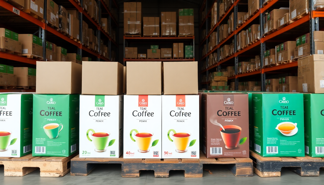Shelf stocked with various Tea Coffee Premix Distributor Noida products in a warehouse setting
