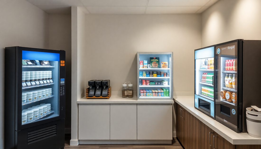 Office pantry with coffee and tea vending machines