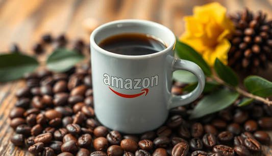 Cup of coffee with Amazon logo surrounded by coffee beans and yellow flower representing Amazon coffee premix