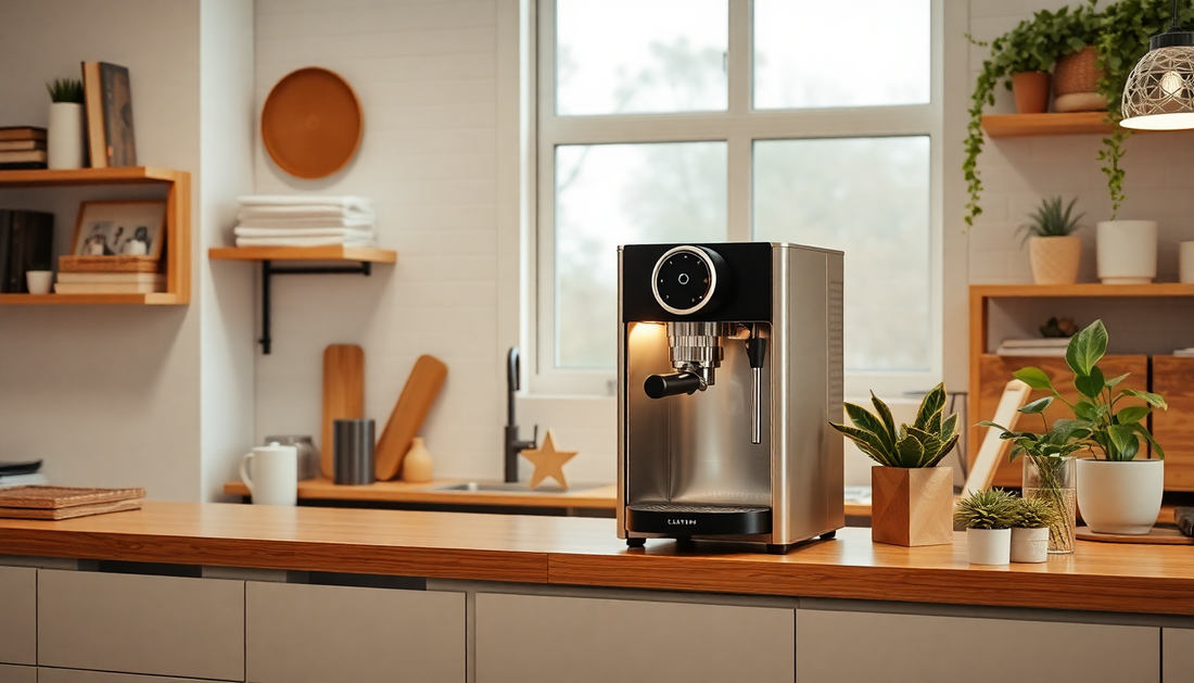 Modern Atlantis Coffee Machine on Rent placed on a wooden kitchen countertop with plants and kitchen decor in the background