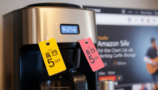 Modern coffee machine with discount tags highlighting coffee machine rental India offers