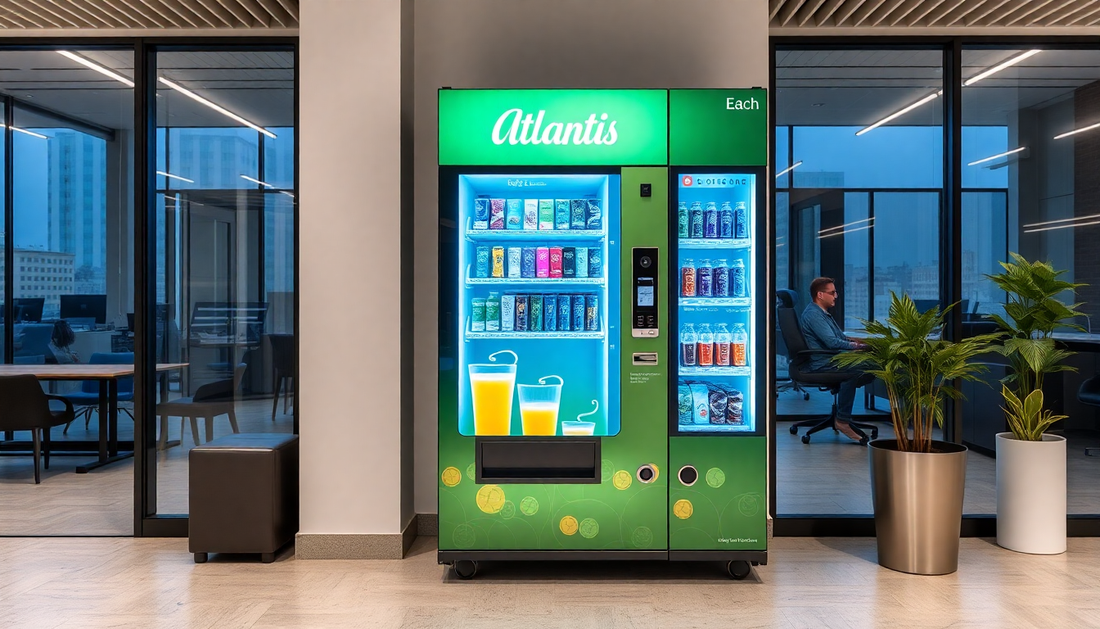 Atlantis Tea Coffee Vending Machine Rental displaying cold beverages in a modern office lounge area