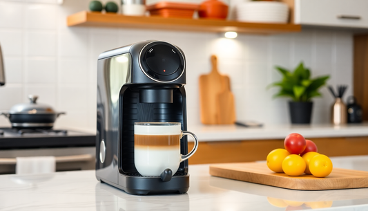 Black commercial coffee machine India brewing a latte in a glass cup on a kitchen countertop