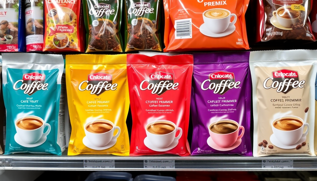 Various Choclate Coffee premix packets displayed on a store shelf with Amazon Coffee Premix Best Price