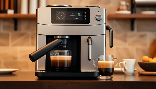 Modern coffee machine with frother Amazon brewing espresso and steaming milk in a kitchen setting