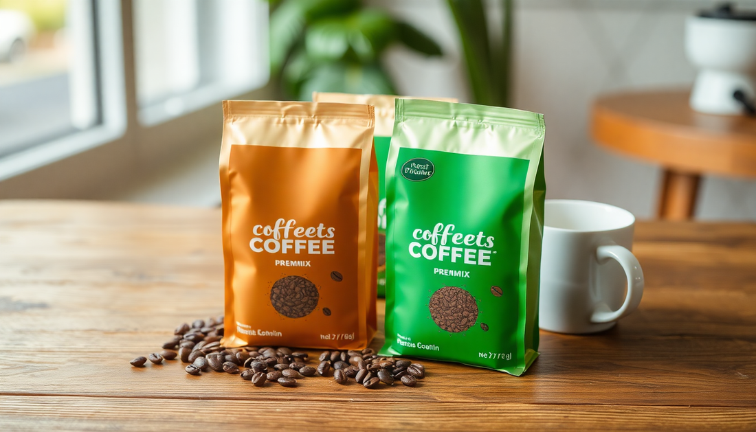 Two packets of Coffeets Coffee Premix with coffee beans and a white mug on a wooden table for Coffee Premix NEAR ME