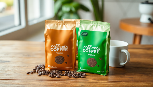 Two packets of Coffeets Coffee Premix with coffee beans and a white mug on a wooden table for Coffee Premix NEAR ME