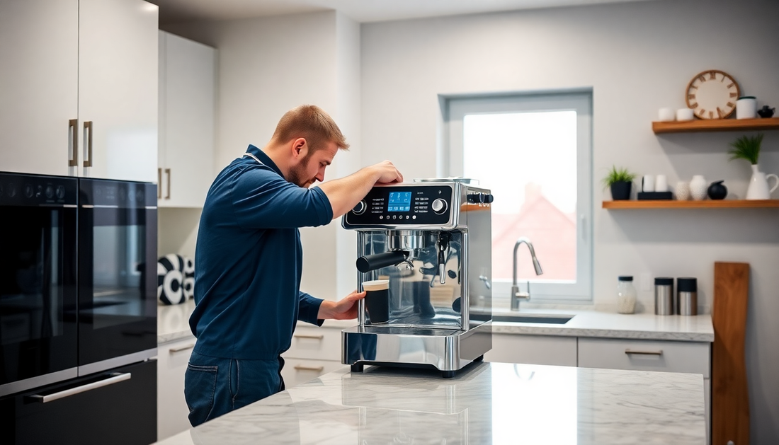 Technician performing coffee machine installation Delhi NCR in a modern kitchen setting