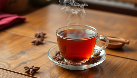 A steaming cup of elaichi tea on a wooden table