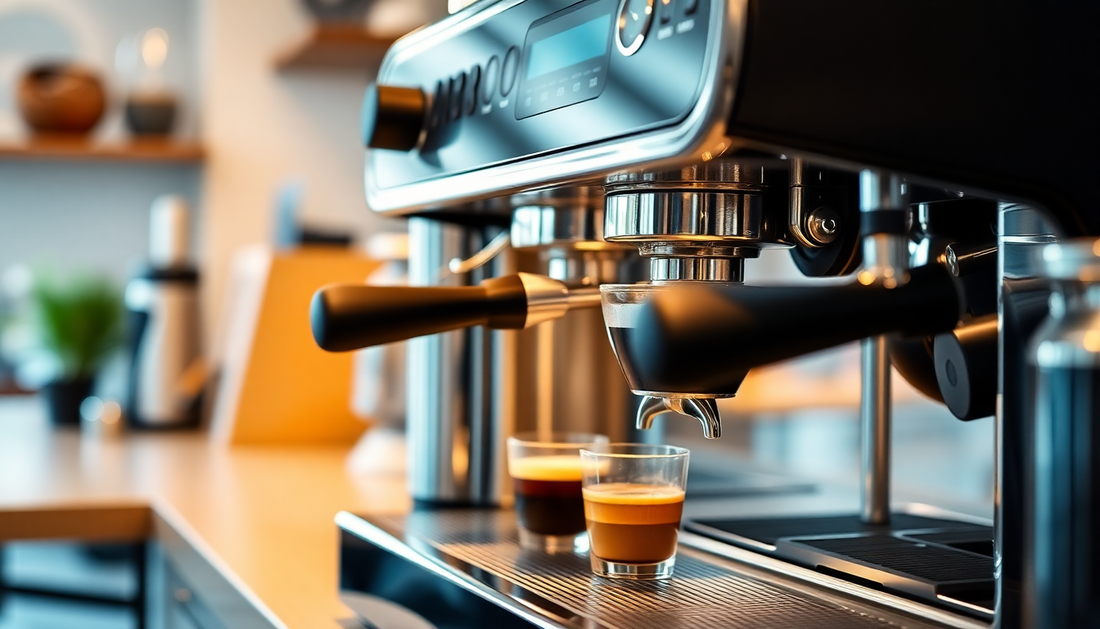 A modern coffee machine brewing fresh coffee in a shop