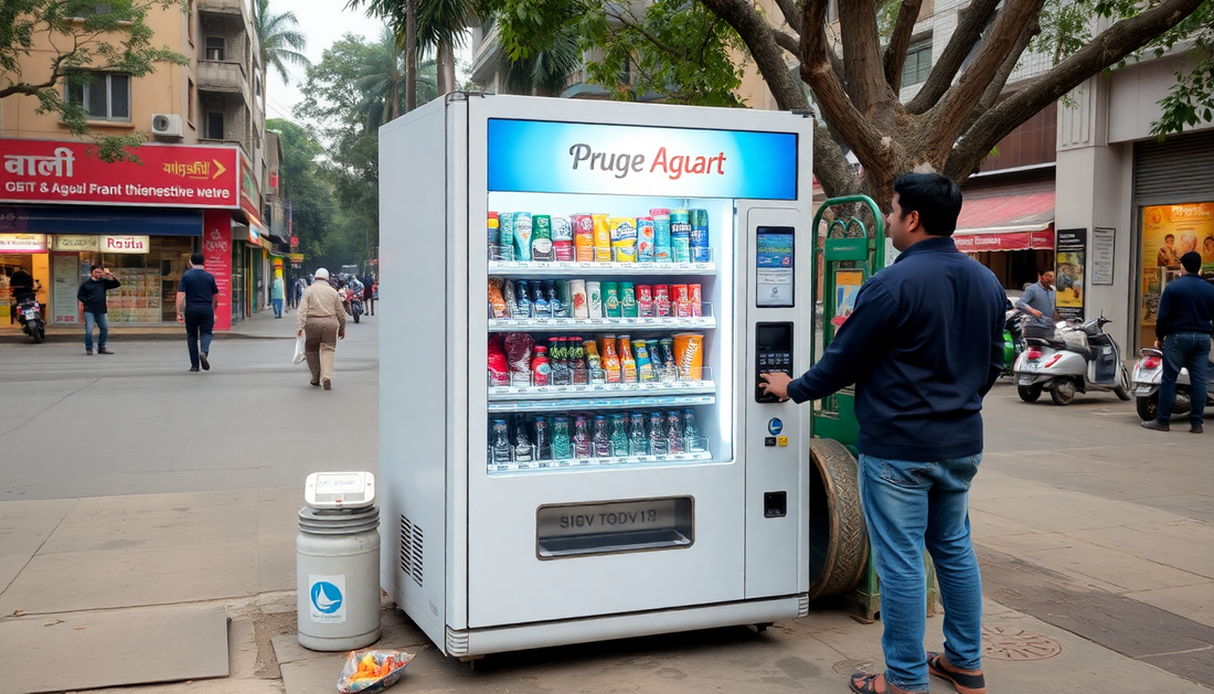 A vending machine being serviced in an urban Delhi setting
